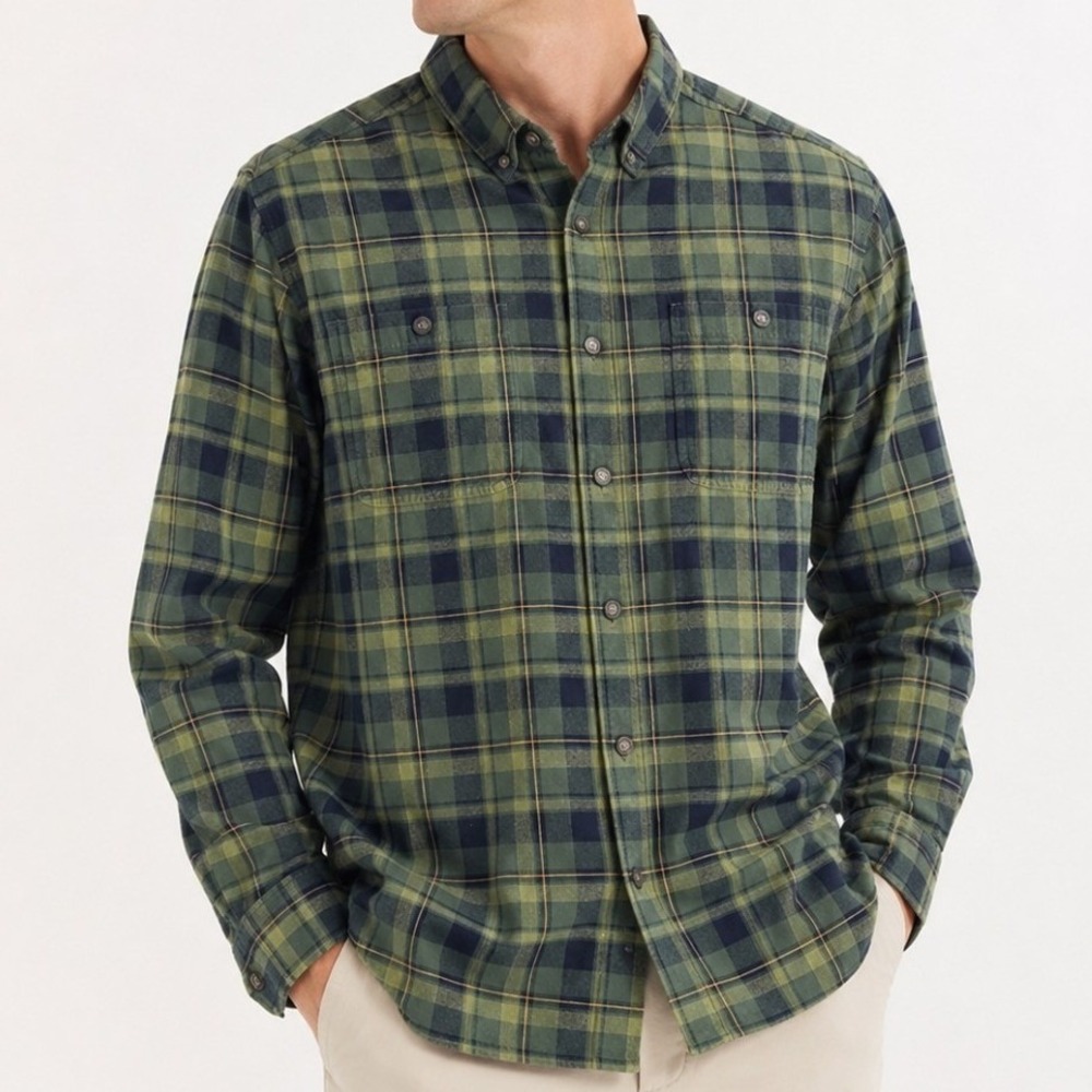 Duluth Trading Co Flannel Shirt Mens Large Green Plaid Relaxed Fit Layering